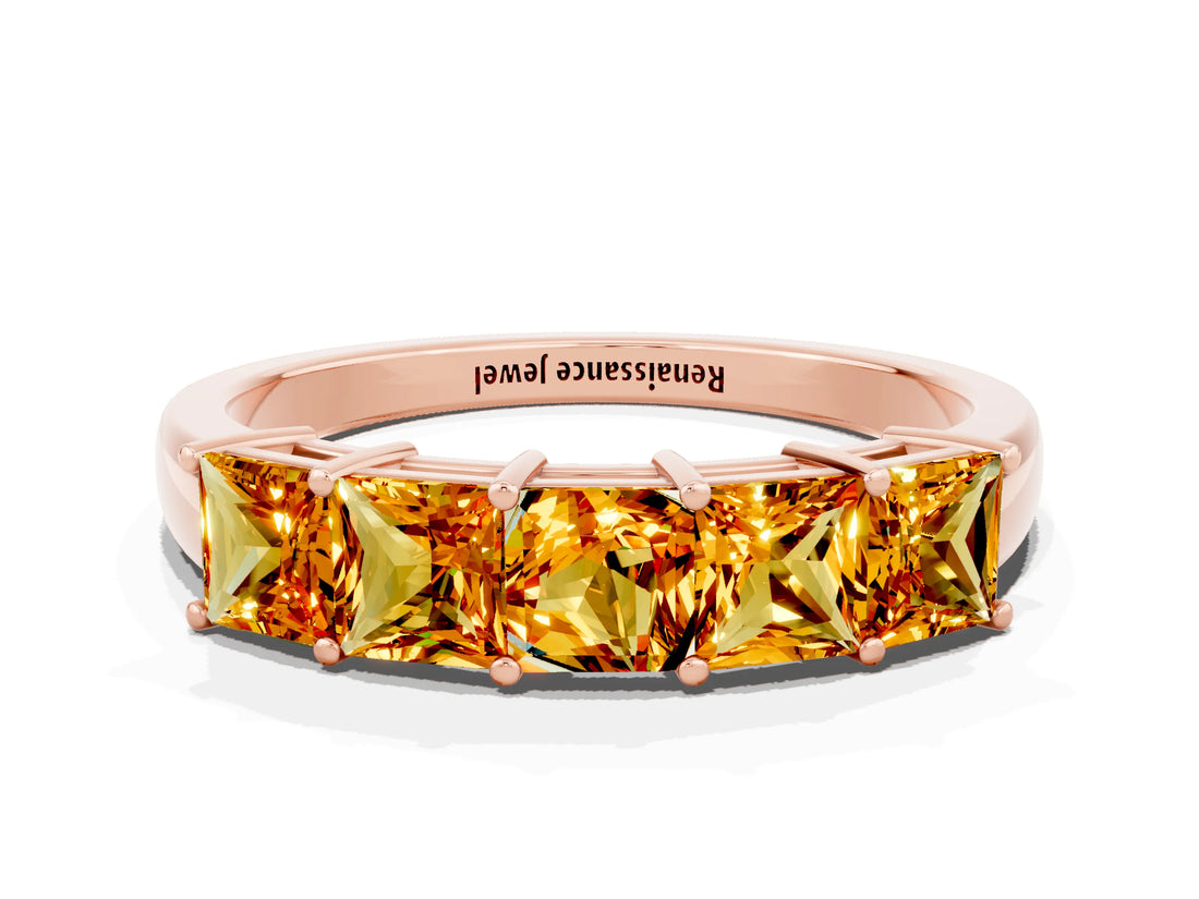 Rose gold Princess Cut Five-Stone Citrine Band with Prong Setting_6