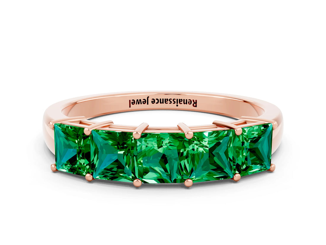 Rose gold Princess Cut Five-Stone Emerald Band with Prong Setting_6