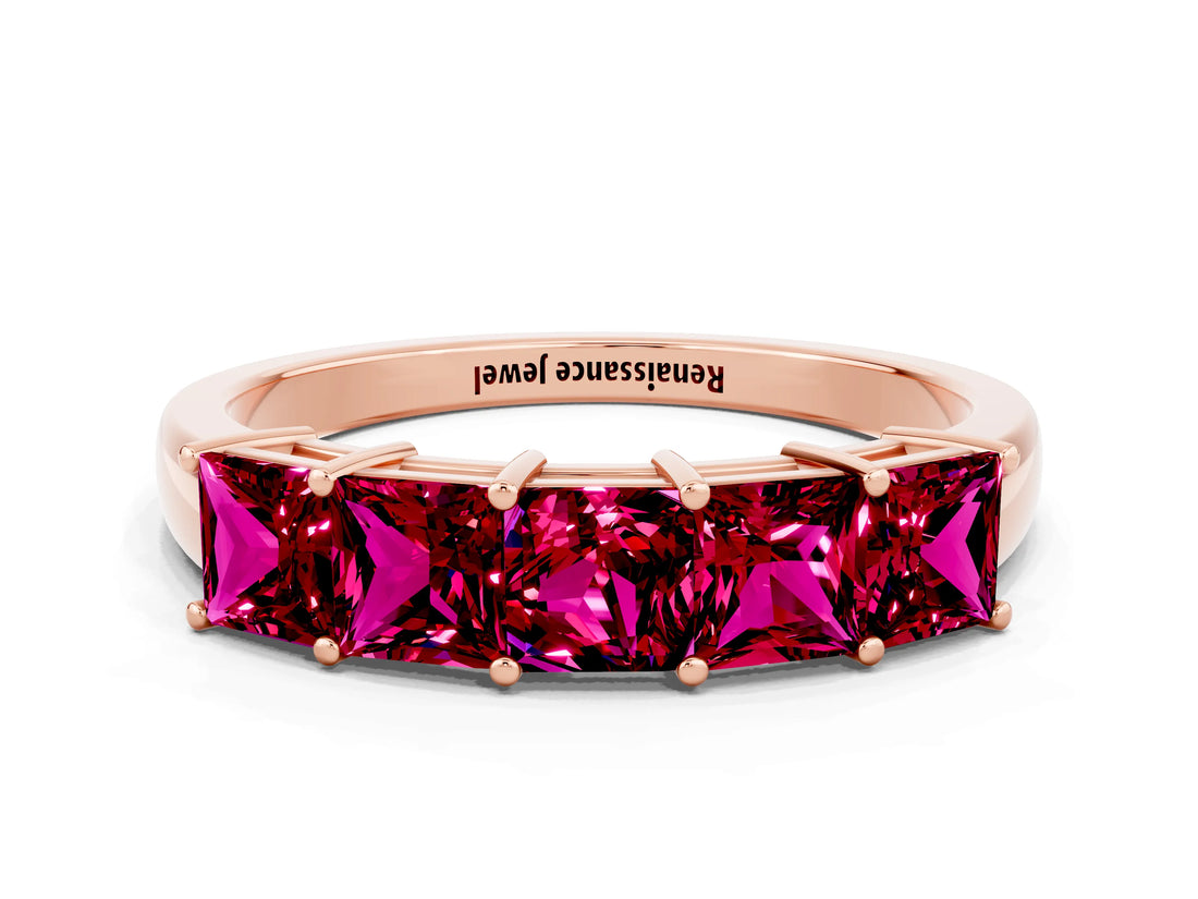 Rose gold Princess Cut Five-Stone Garnet Band with Prong Setting_6
