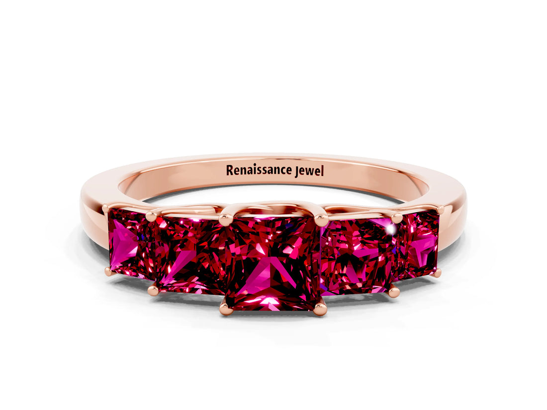 Rose gold Princess Cut Five-Stone Garnet Ring with Classic Prong Setting_6