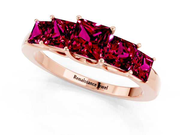 Rose Gold Princess Cut Garnet Five Stone Wedding Band with Open Baskets