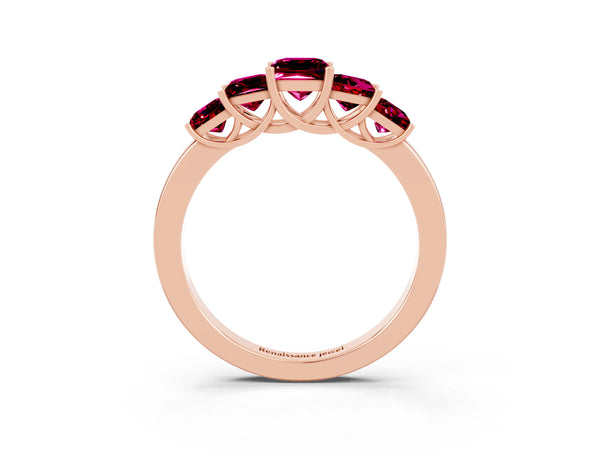 Rose Gold Princess Cut Garnet Five Stone Wedding Band with Open Baskets
