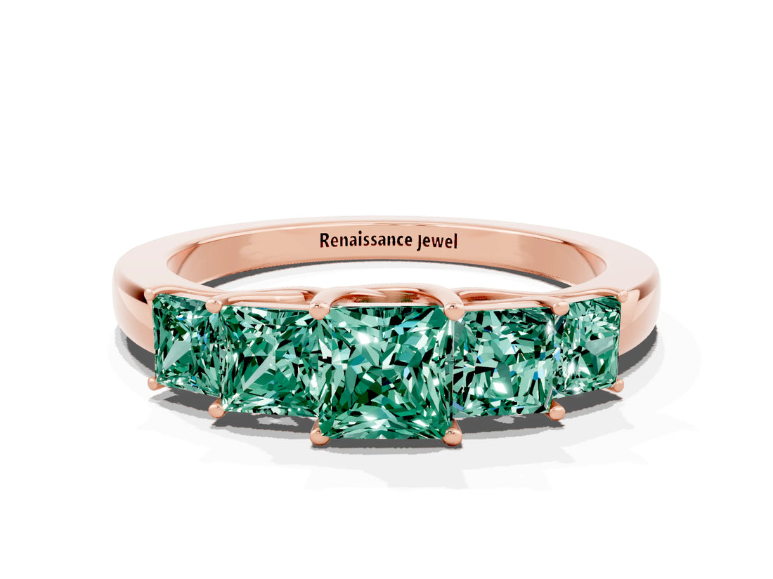 Rose gold Princess Cut Five-Stone Green Sapphire Ring with Classic Prong Setting_6