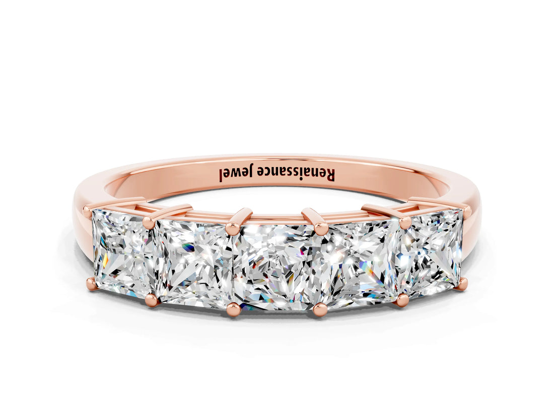 Rose gold Princess Cut Five-Stone Moissanite Band with Prong Setting_6