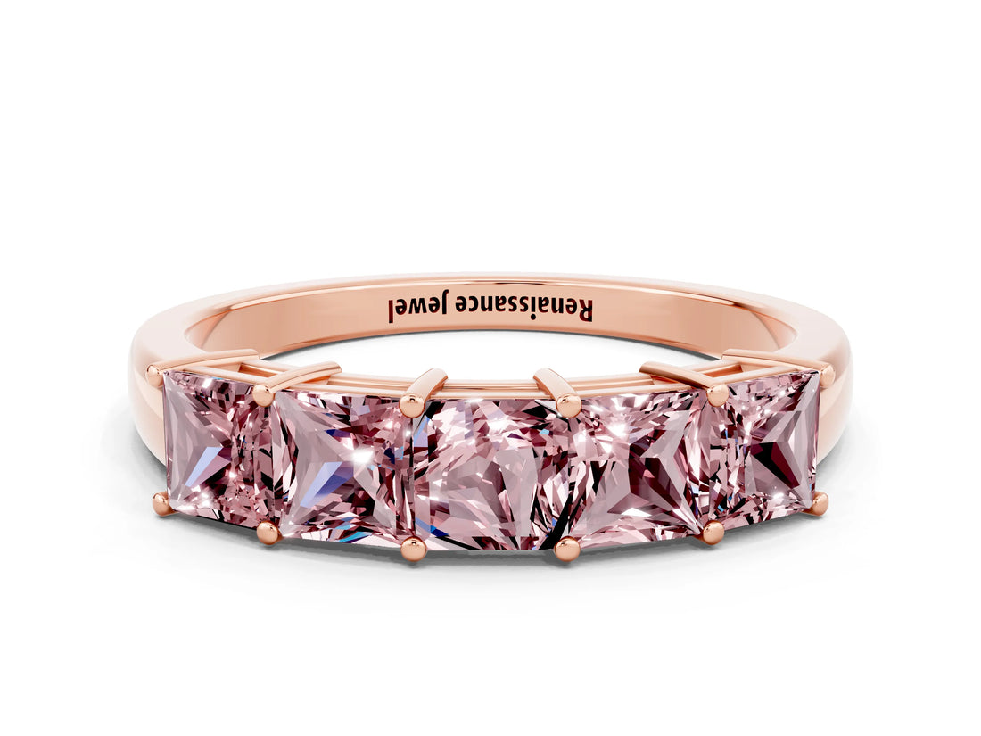 Rose gold Princess Cut Five-Stone Morganite Band with Prong Setting_6