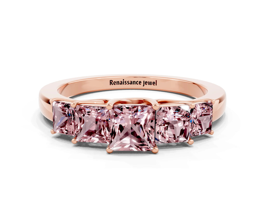 Rose gold Princess Cut Five-Stone Morganite Ring with Classic Prong Setting_6