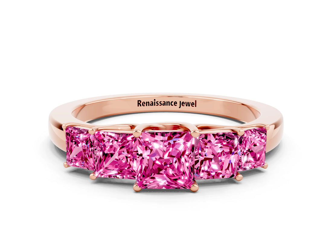 Rose gold Princess Cut Five-Stone Pink Sapphire Ring with Classic Prong Setting_18