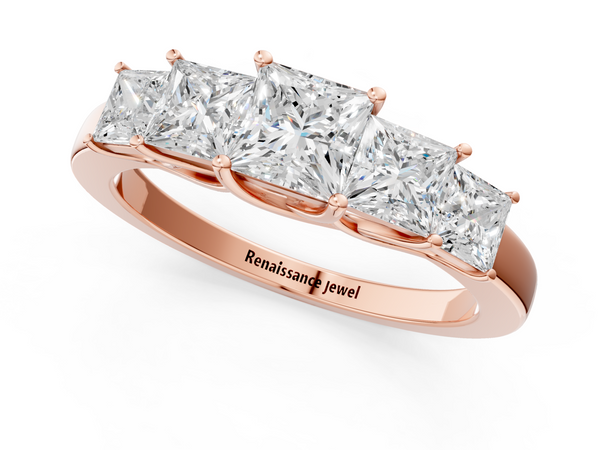Rose gold Princess Cut Five-Stone Diamond Ring with Classic Prong Setting