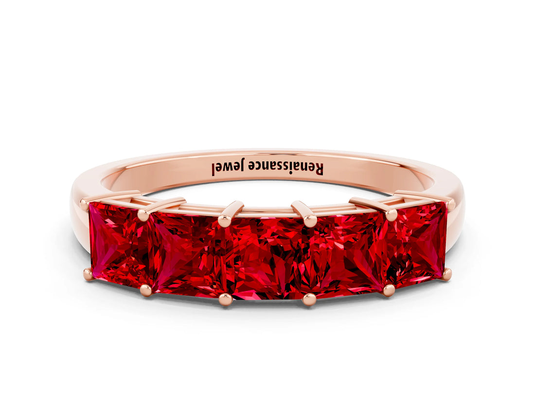 Rose gold Princess Cut Five-Stone Ruby Band with Prong Setting_6