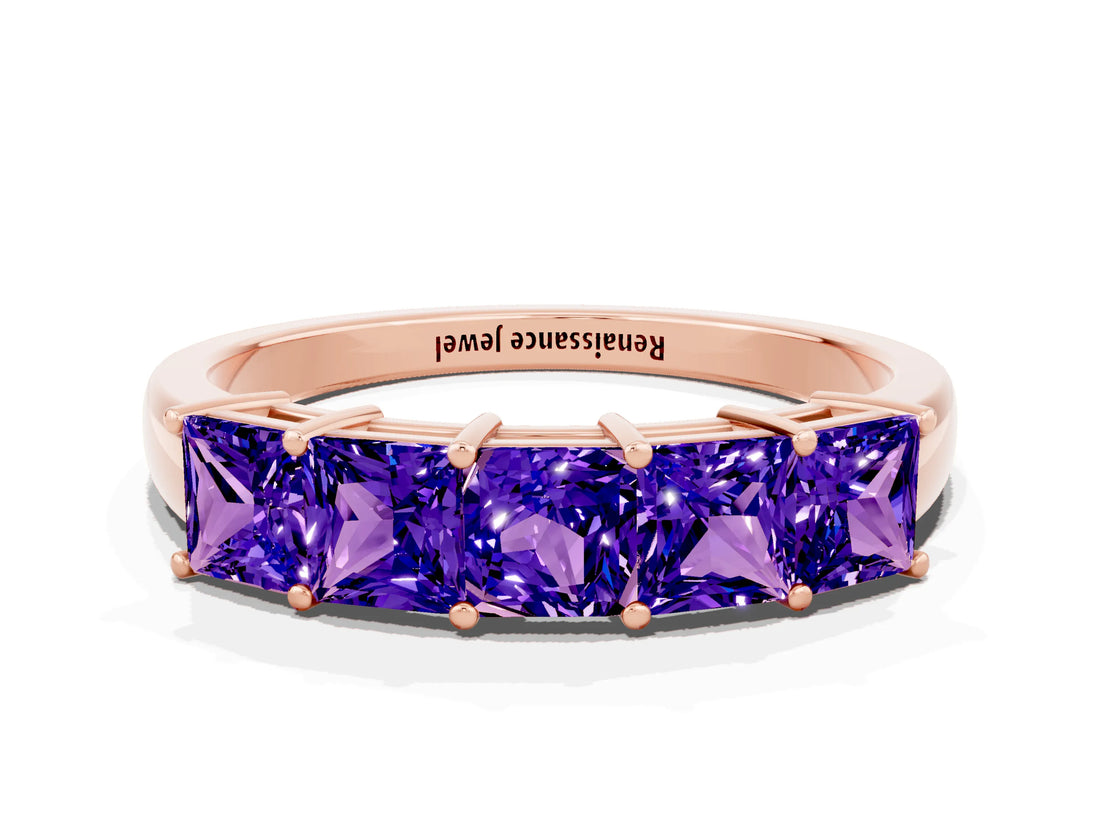 Rose gold Princess Cut Five-Stone Tanzanite Band with Prong Setting_6