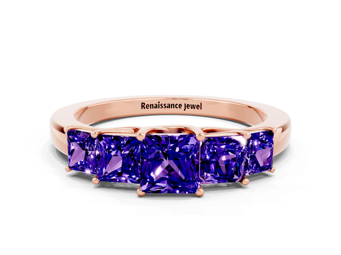 Rose gold Princess Cut Five-Stone Tanzanite Ring with Classic Prong Setting_6