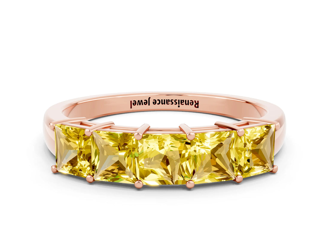 Rose gold Princess Cut Five-Stone Yellow Sapphire Band with Prong Setting_18