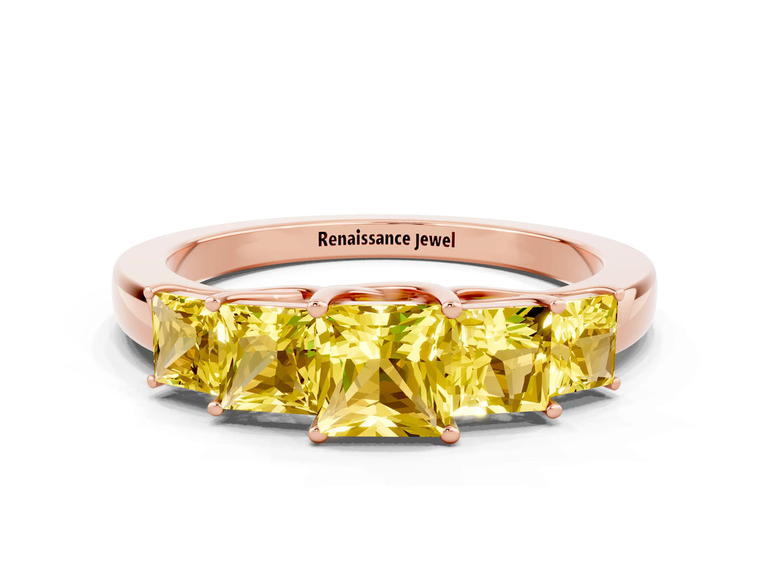 Rose gold Princess Cut Five-Stone Yellow Sapphire Ring with Classic Prong Setting_18