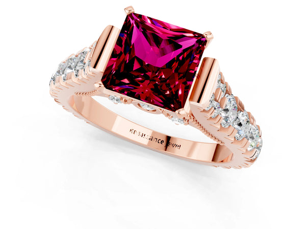 Rose gold Princess Cut Garnet Classic Solitaire Ring with Pavé Band and Four-Prong Setting
