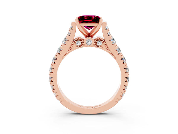 Rose gold Princess Cut Garnet Classic Solitaire Ring with Pavé Band and Four-Prong Setting