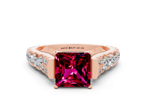 Rose gold Princess Cut Garnet Classic Solitaire Ring with Pavé Band and Four-Prong Setting