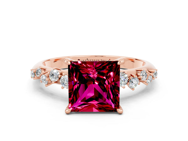 Rose gold Princess Cut Garnet Cluster Side Stone Solitaire Ring with Prong Setting