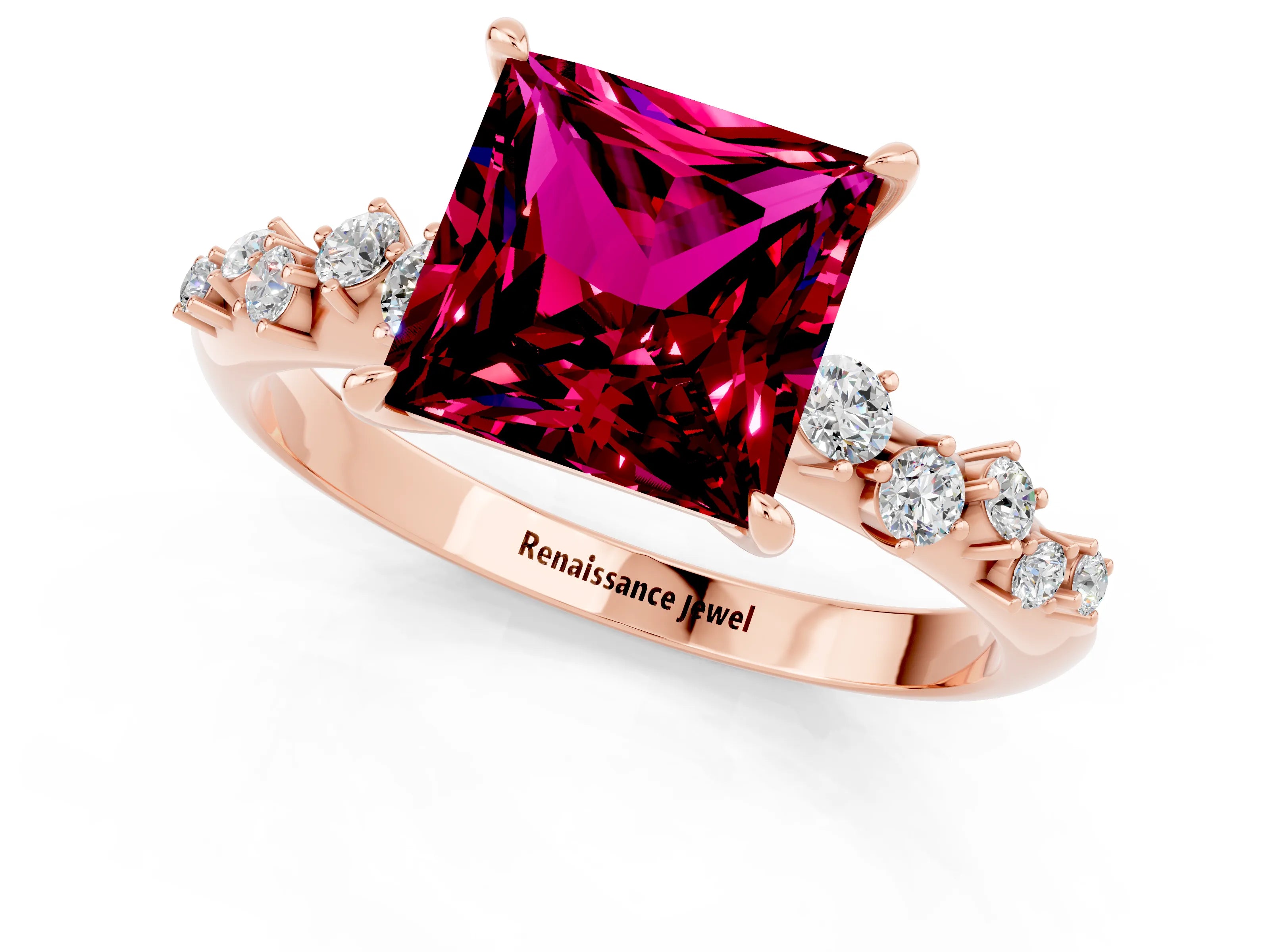 Rose gold Princess Cut Garnet Cluster Side Stone Solitaire Ring with Prong Setting_25