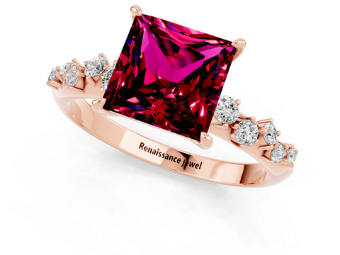 Rose gold Princess Cut Garnet Cluster Side Stone Solitaire Ring with Prong Setting_25