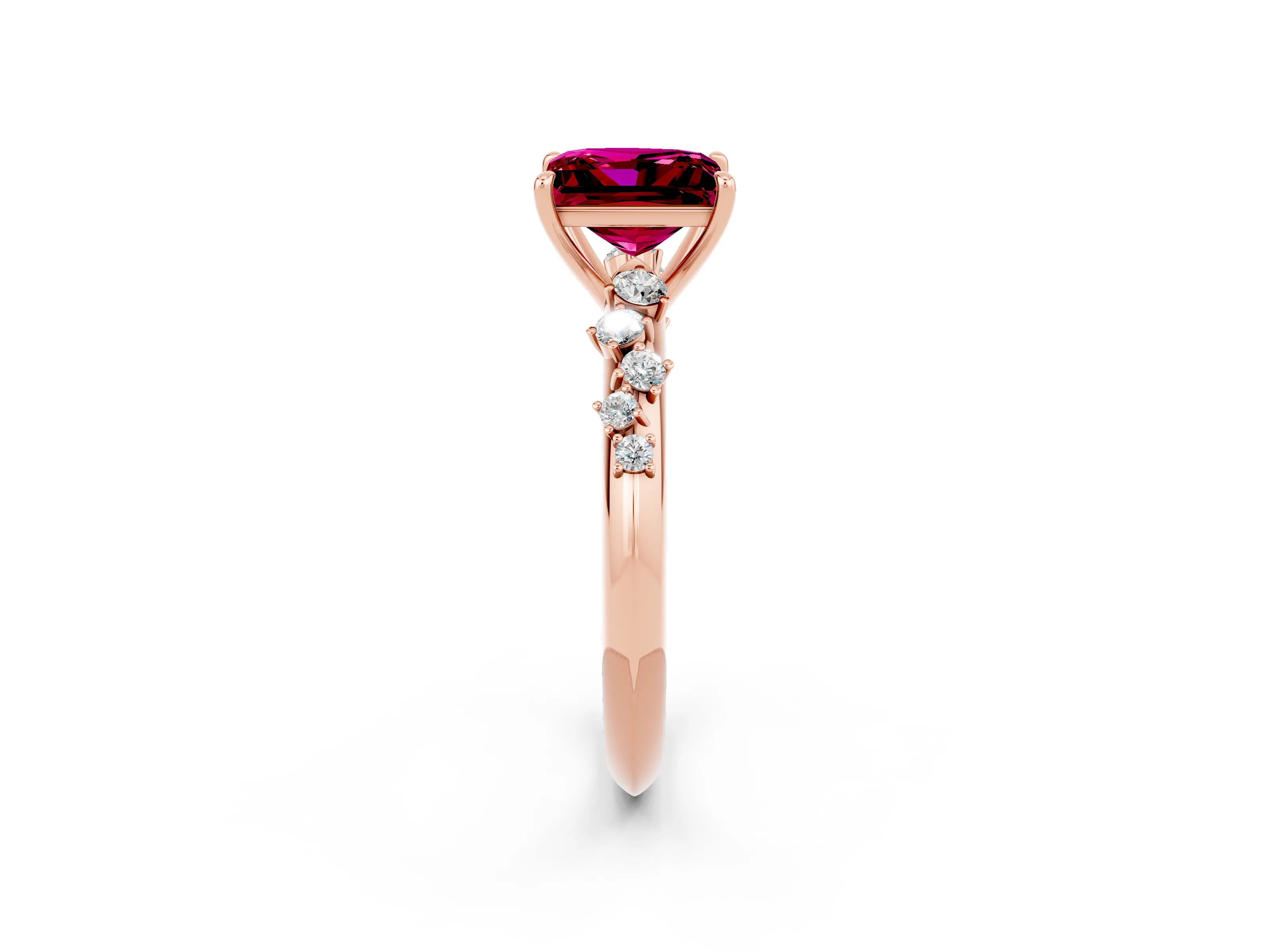 Rose gold Princess Cut Garnet Cluster Side Stone Solitaire Ring with Prong Setting_26