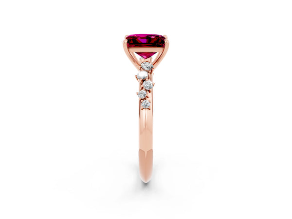 Rose gold Princess Cut Garnet Cluster Side Stone Solitaire Ring with Prong Setting