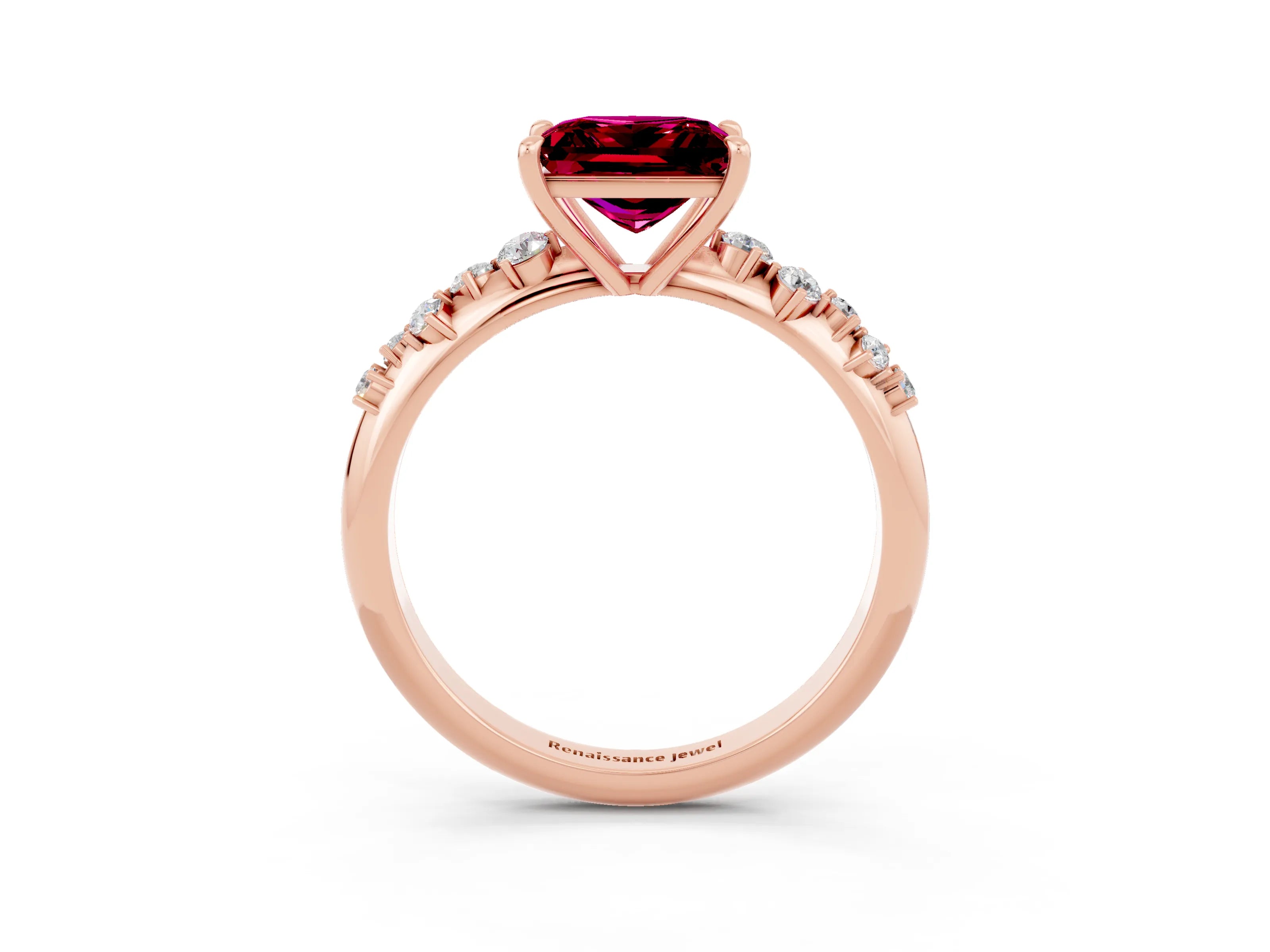 Rose gold Princess Cut Garnet Cluster Side Stone Solitaire Ring with Prong Setting_27