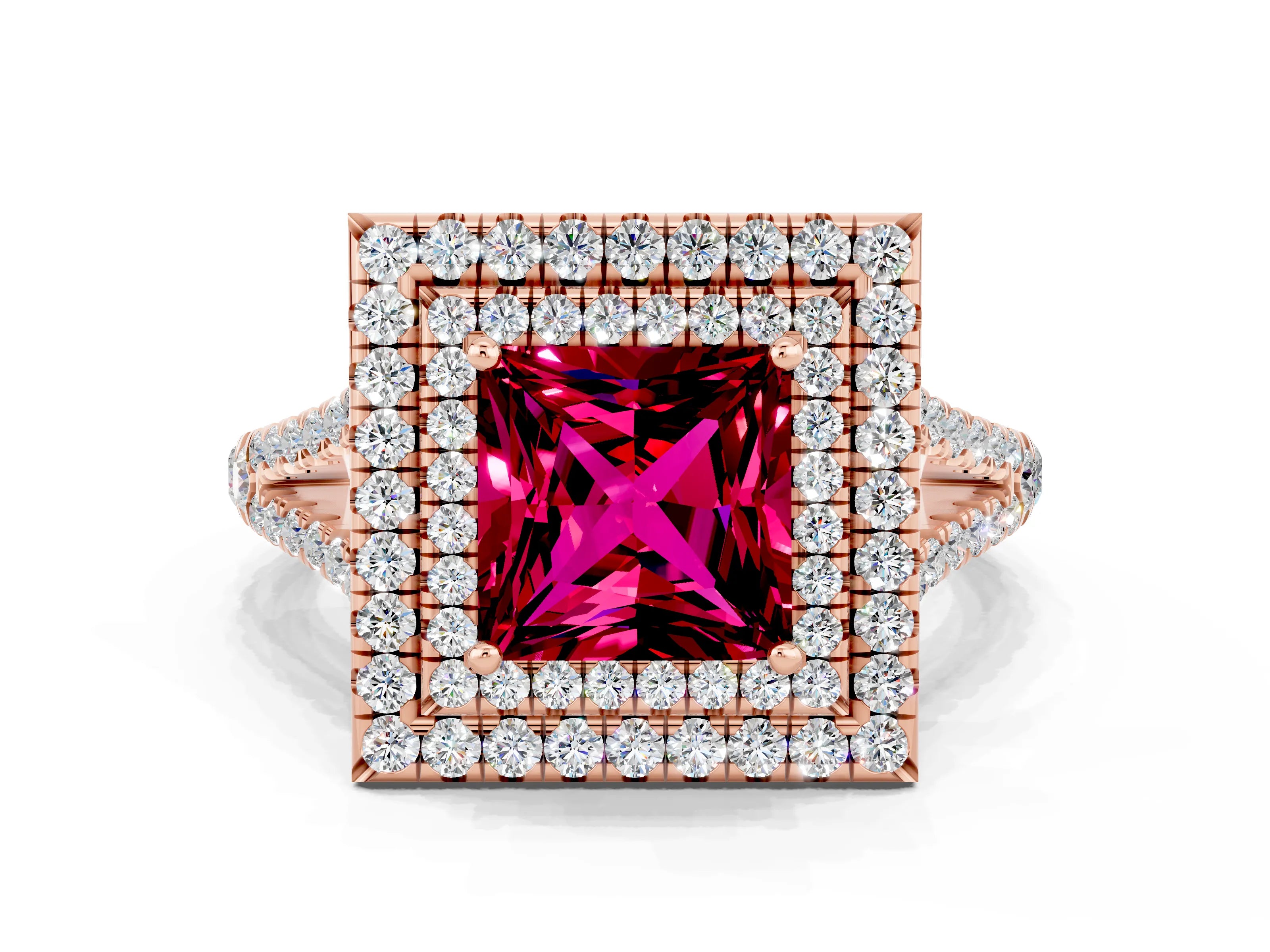 Rose gold Princess Cut Garnet Double Halo Ring with Pavé Band and Prong Setting_12
