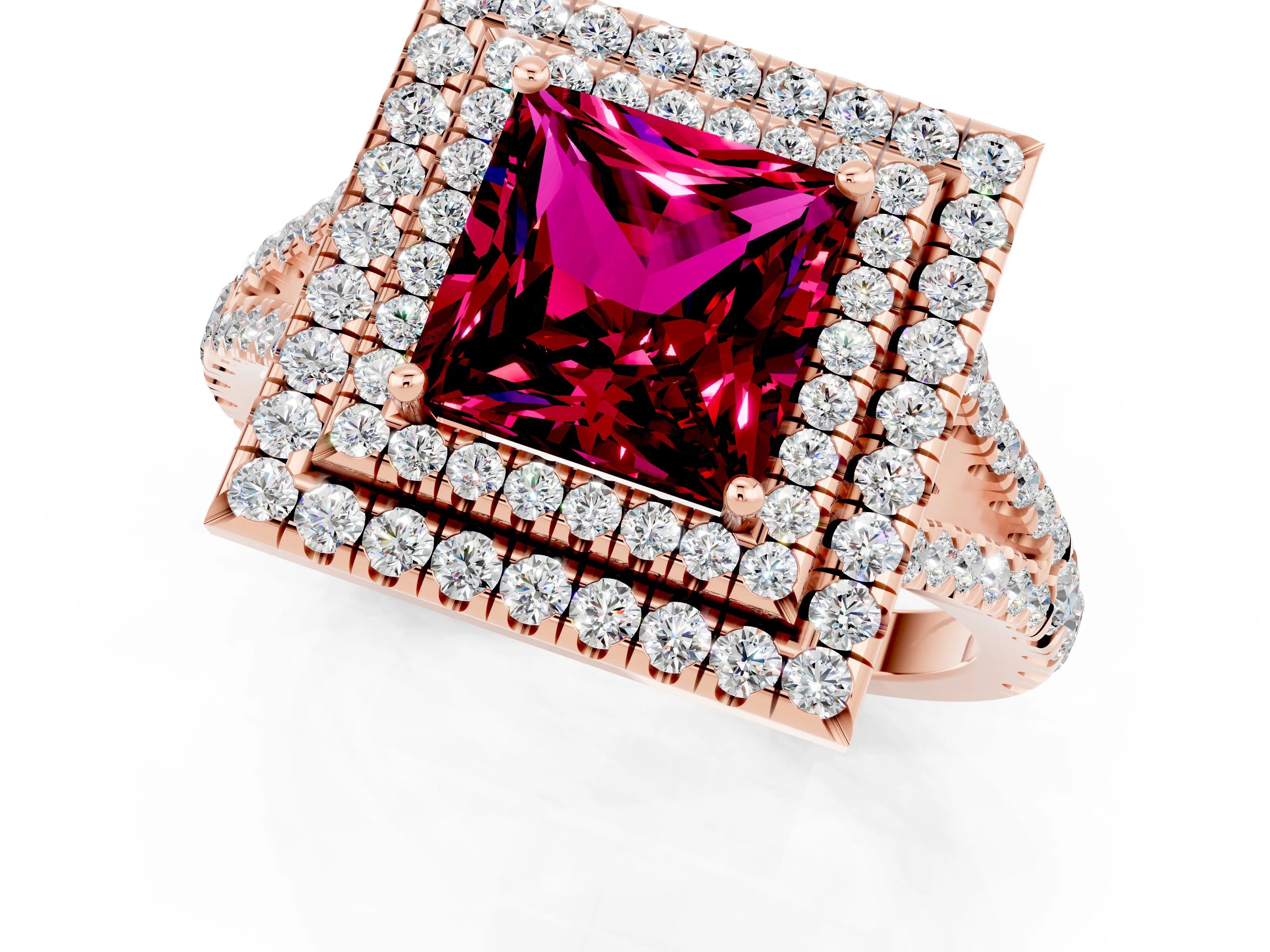 Rose gold Princess Cut Garnet Double Halo Ring with Pavé Band and Prong Setting_13