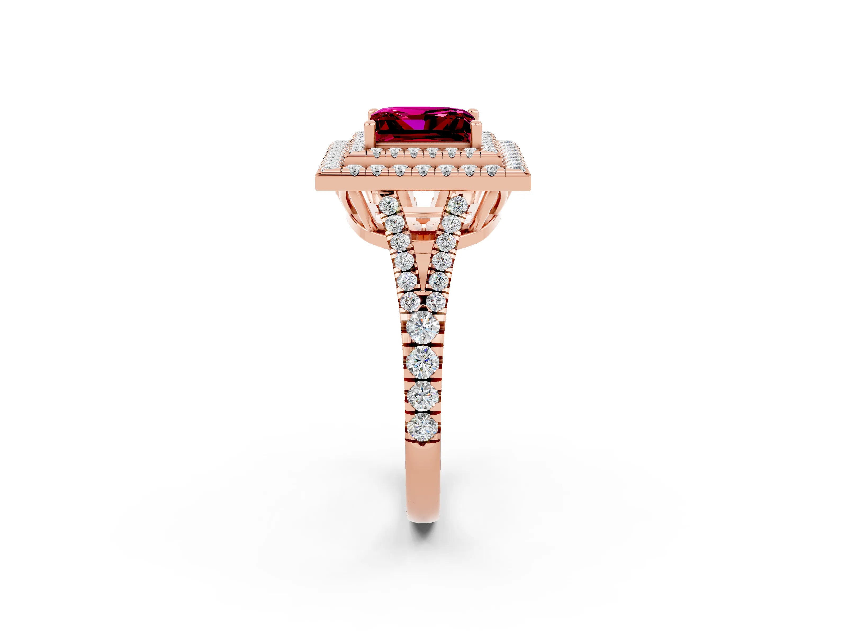 Rose gold Princess Cut Garnet Double Halo Ring with Pavé Band and Prong Setting_14