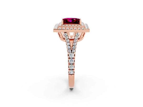 Rose gold Princess Cut Garnet Double Halo Ring with Pavé Band and Prong Setting