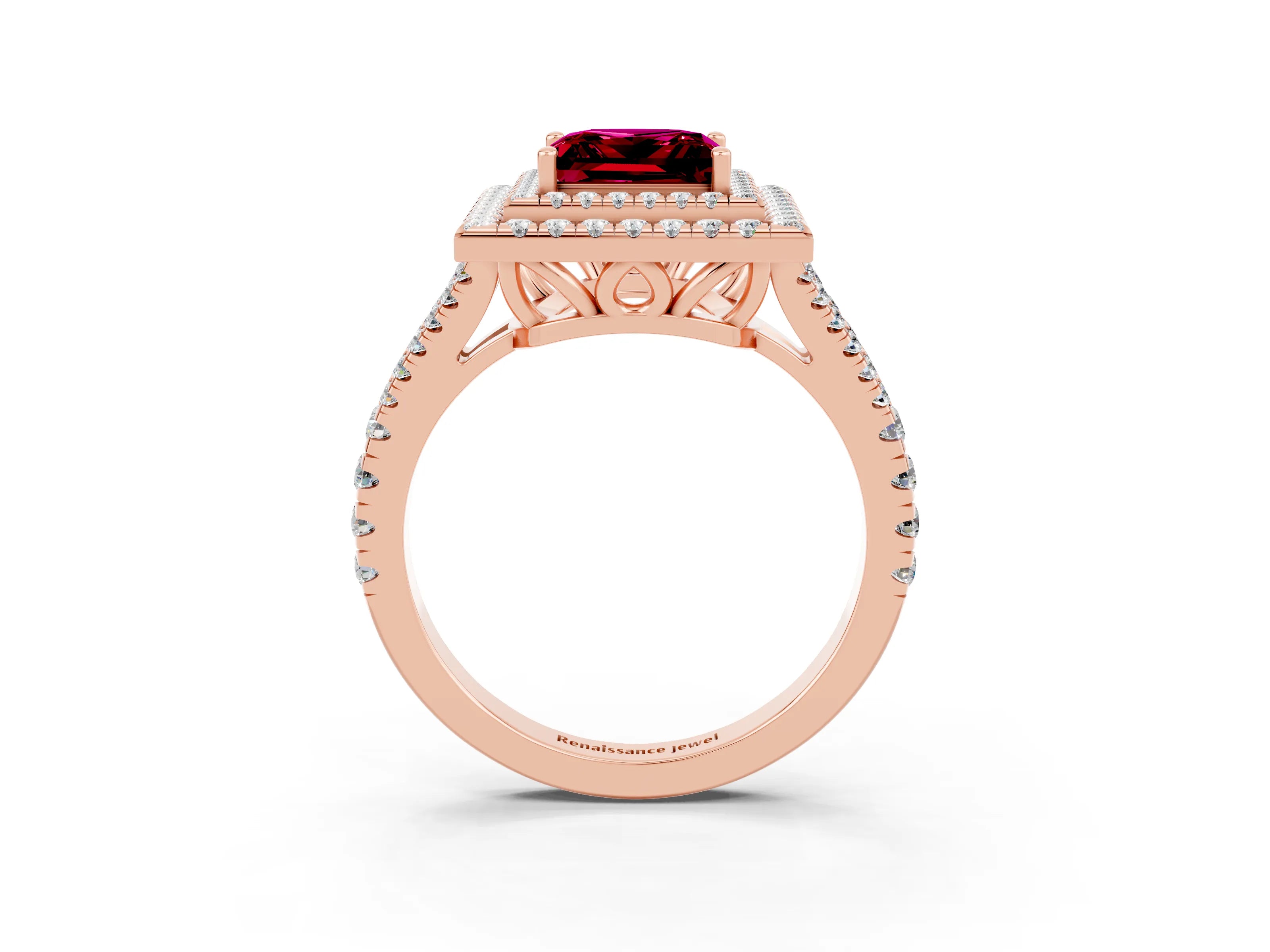 Rose gold Princess Cut Garnet Double Halo Ring with Pavé Band and Prong Setting_15