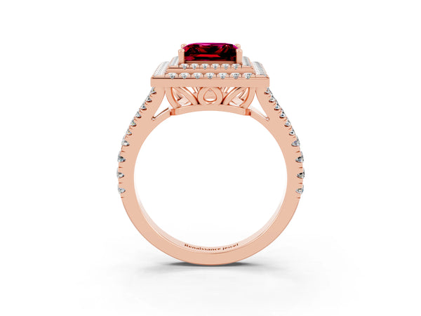 Rose gold Princess Cut Garnet Double Halo Ring with Pavé Band and Prong Setting