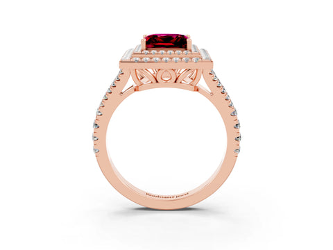 Rose gold Princess Cut Garnet Double Halo Ring with Pavé Band and Prong Setting_15