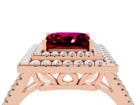 Rose gold Princess Cut Garnet Double Halo Ring with Pavé Band and Prong Setting_16