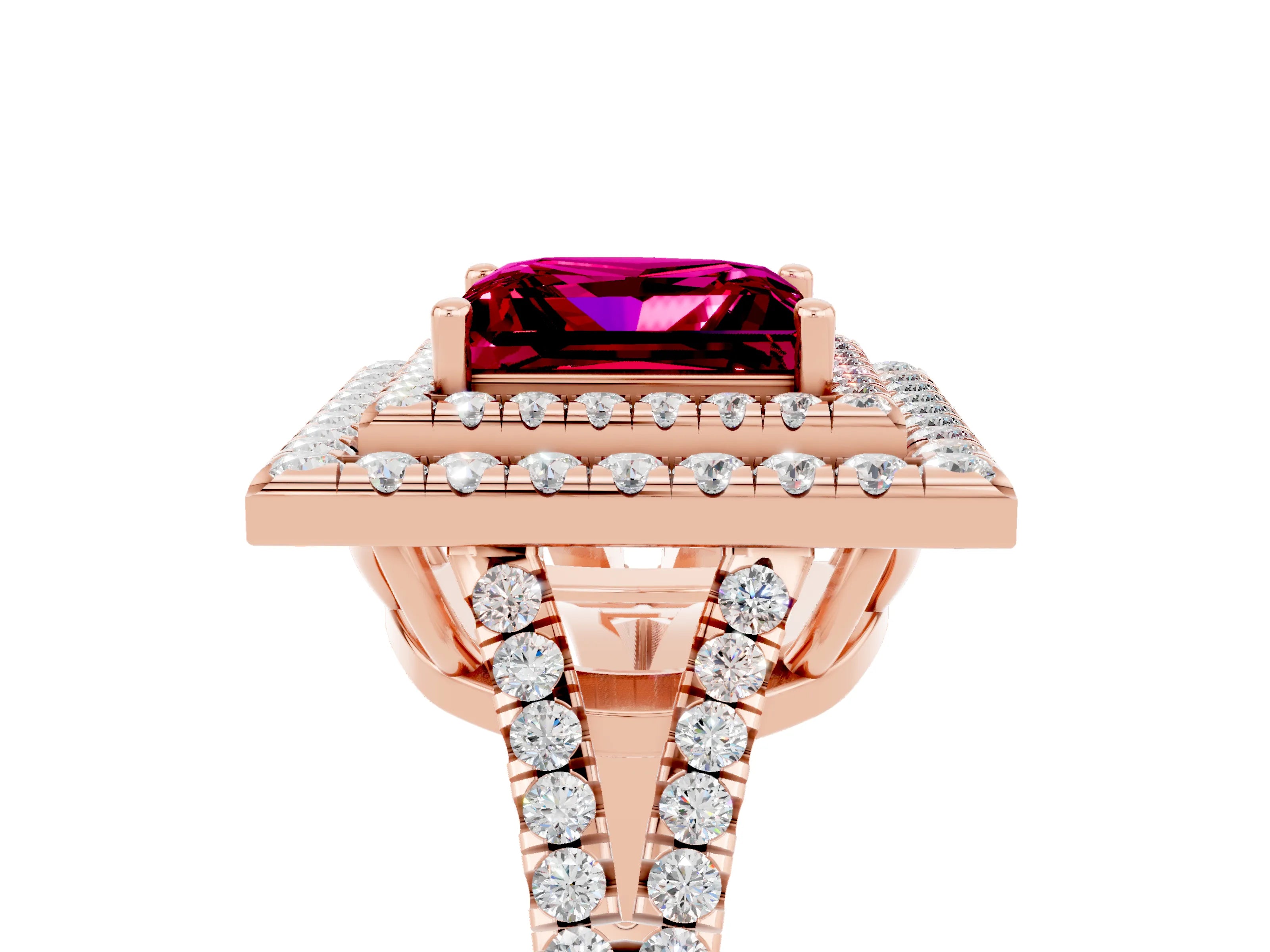 Rose gold Princess Cut Garnet Double Halo Ring with Pavé Band and Prong Setting_17