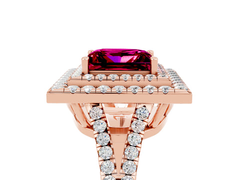 Rose gold Princess Cut Garnet Double Halo Ring with Pavé Band and Prong Setting_17