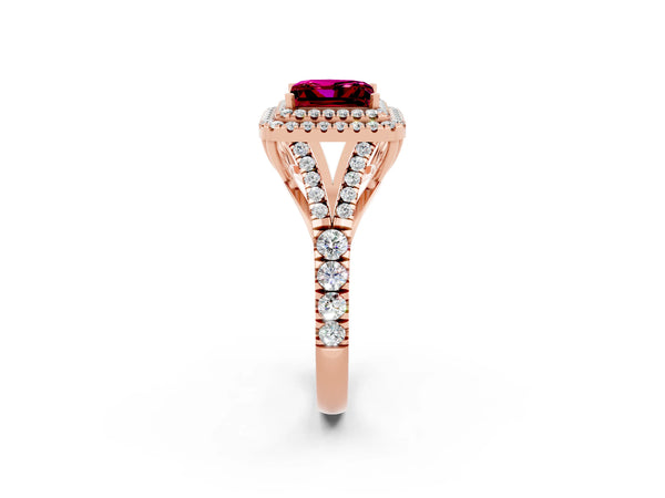 Rose gold Princess Cut Garnet Double Halo Ring with Split Shank and Prong Setting