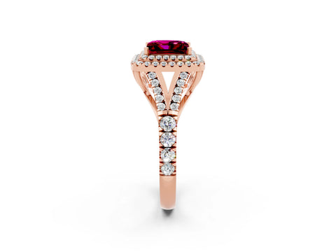 Rose gold Princess Cut Garnet Double Halo Ring with Split Shank and Prong Setting_14