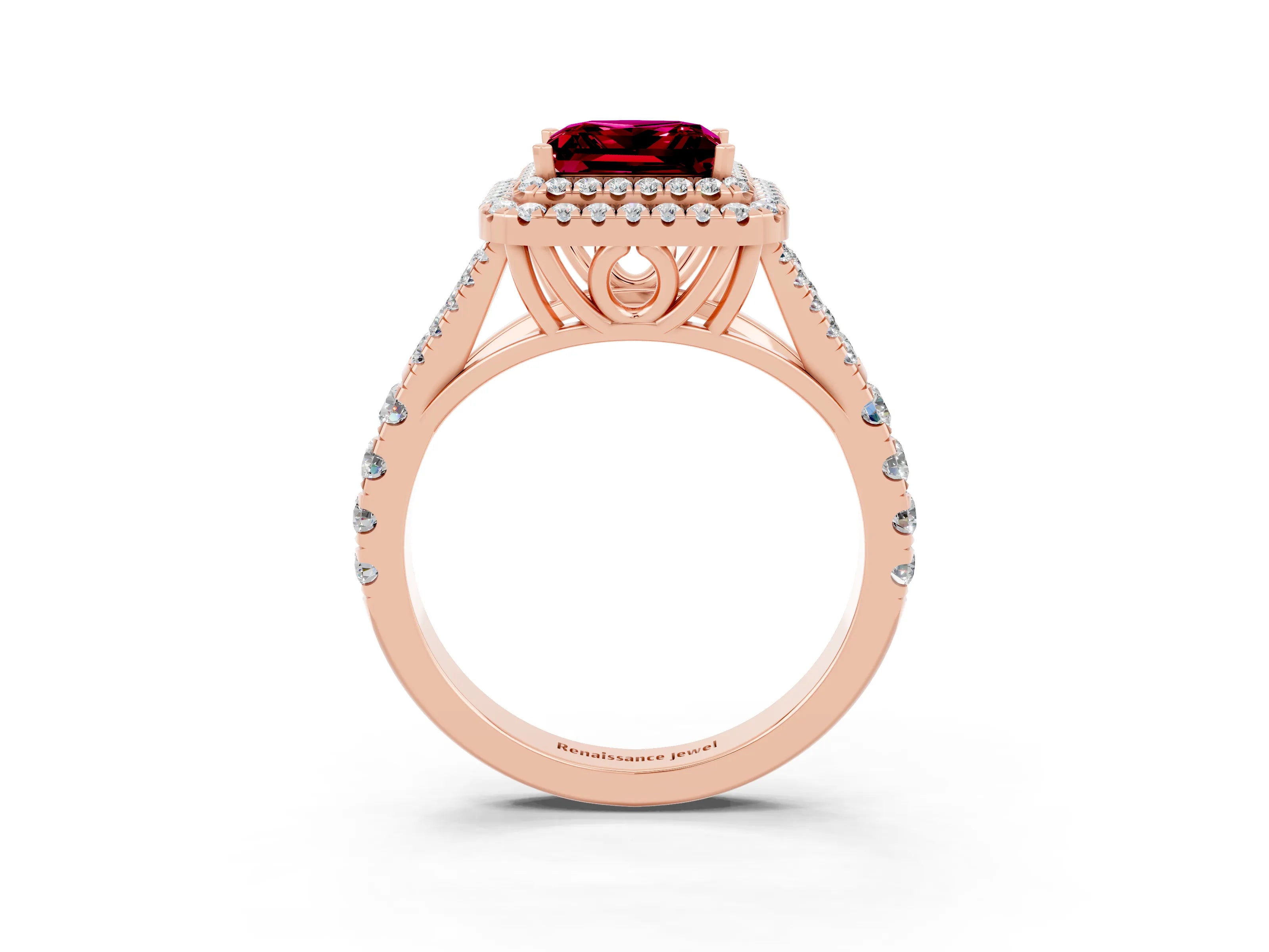 Rose gold Princess Cut Garnet Double Halo Ring with Split Shank and Prong Setting_15
