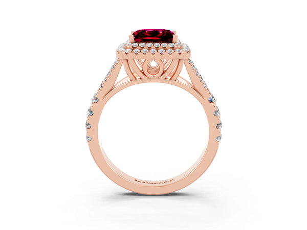 Rose gold Princess Cut Garnet Double Halo Ring with Split Shank and Prong Setting