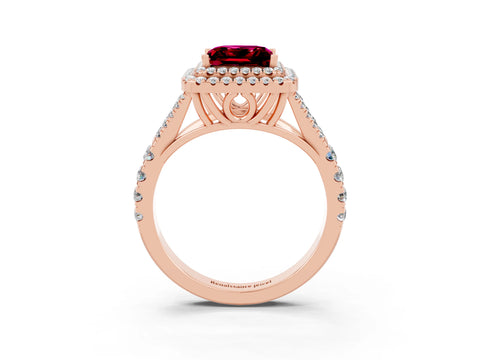 Rose gold Princess Cut Garnet Double Halo Ring with Split Shank and Prong Setting_15
