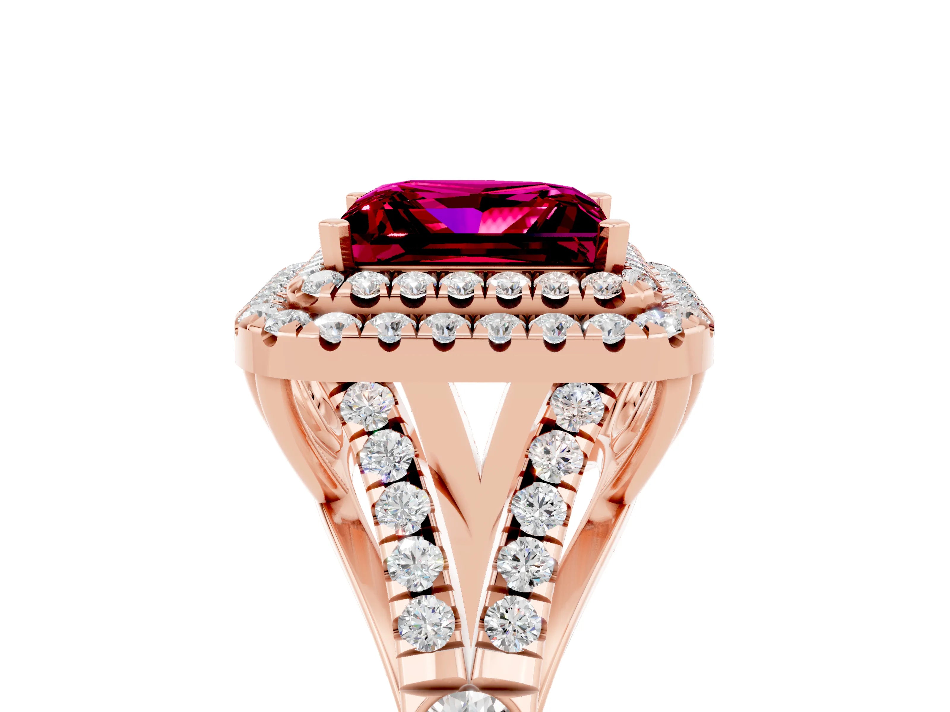 Rose gold Princess Cut Garnet Double Halo Ring with Split Shank and Prong Setting_17