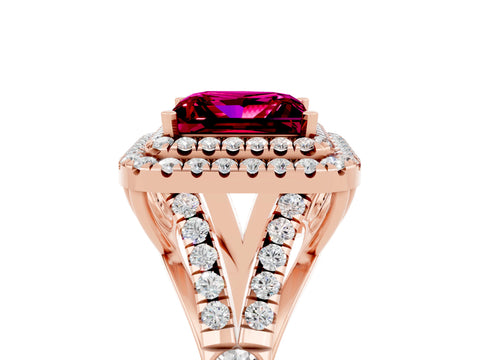 Rose gold Princess Cut Garnet Double Halo Ring with Split Shank and Prong Setting_17