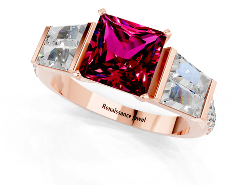 Rose gold Princess Cut Garnet Engagement Ring with Baguette Side Stones and Channel Set Band_1
