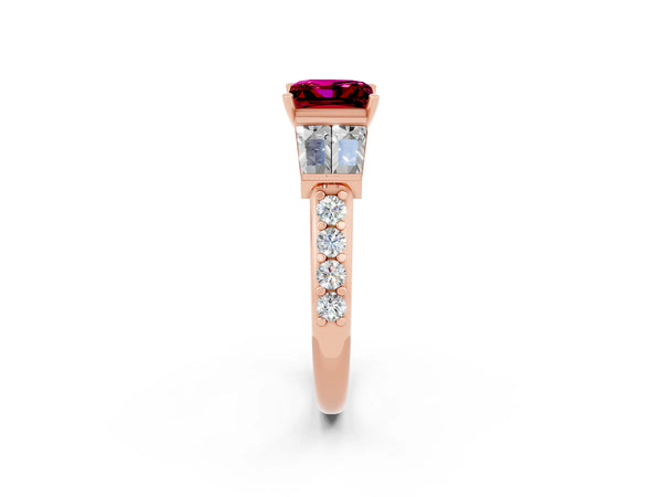 Rose gold Princess Cut Garnet Engagement Ring with Baguette Side Stones and Channel Set Band