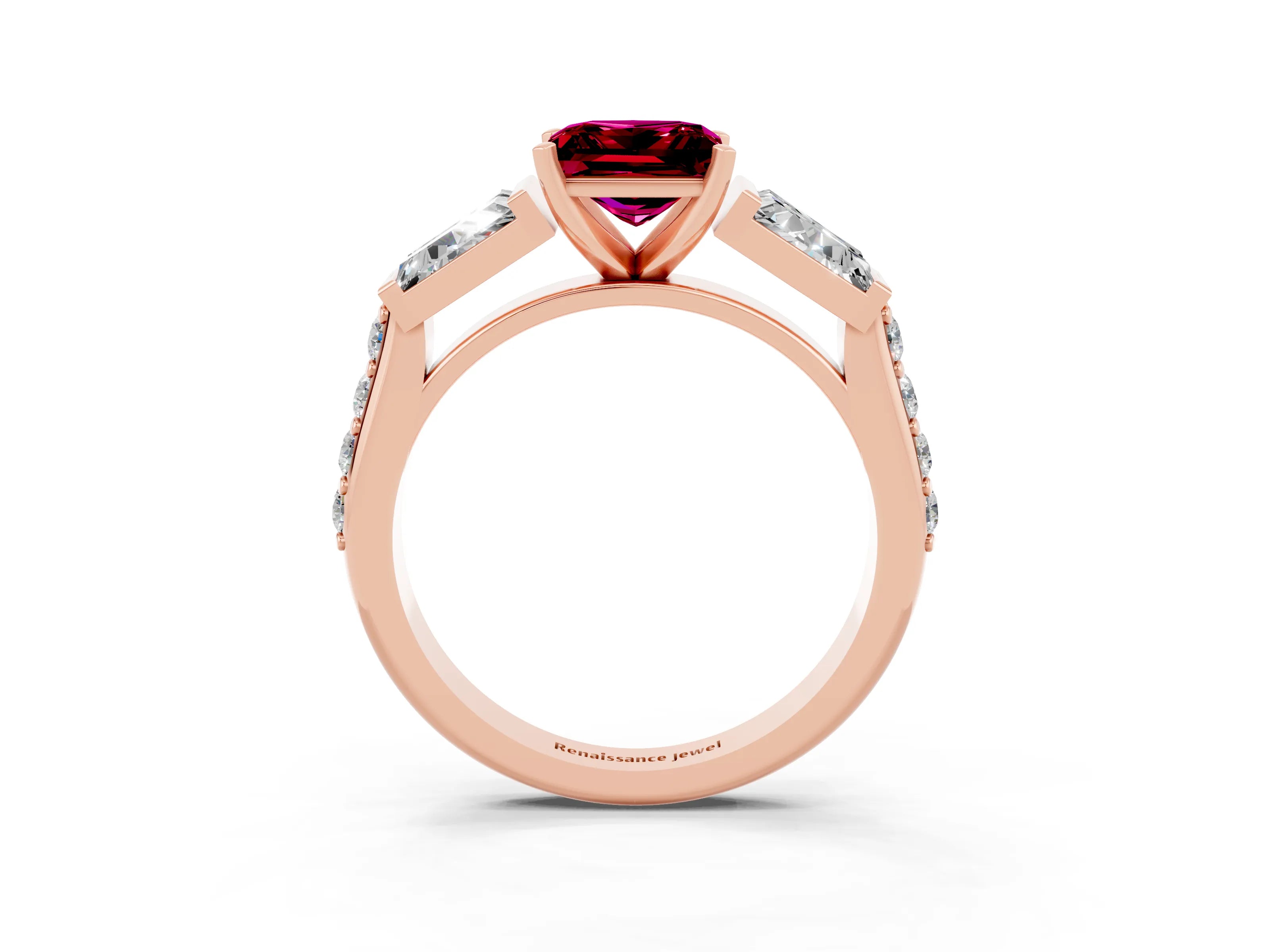 Rose gold Princess Cut Garnet Engagement Ring with Baguette Side Stones and Channel Set Band_3