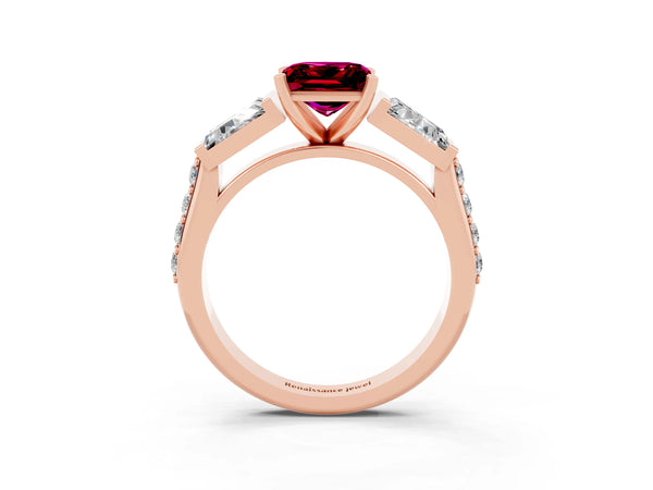 Rose gold Princess Cut Garnet Engagement Ring with Baguette Side Stones and Channel Set Band