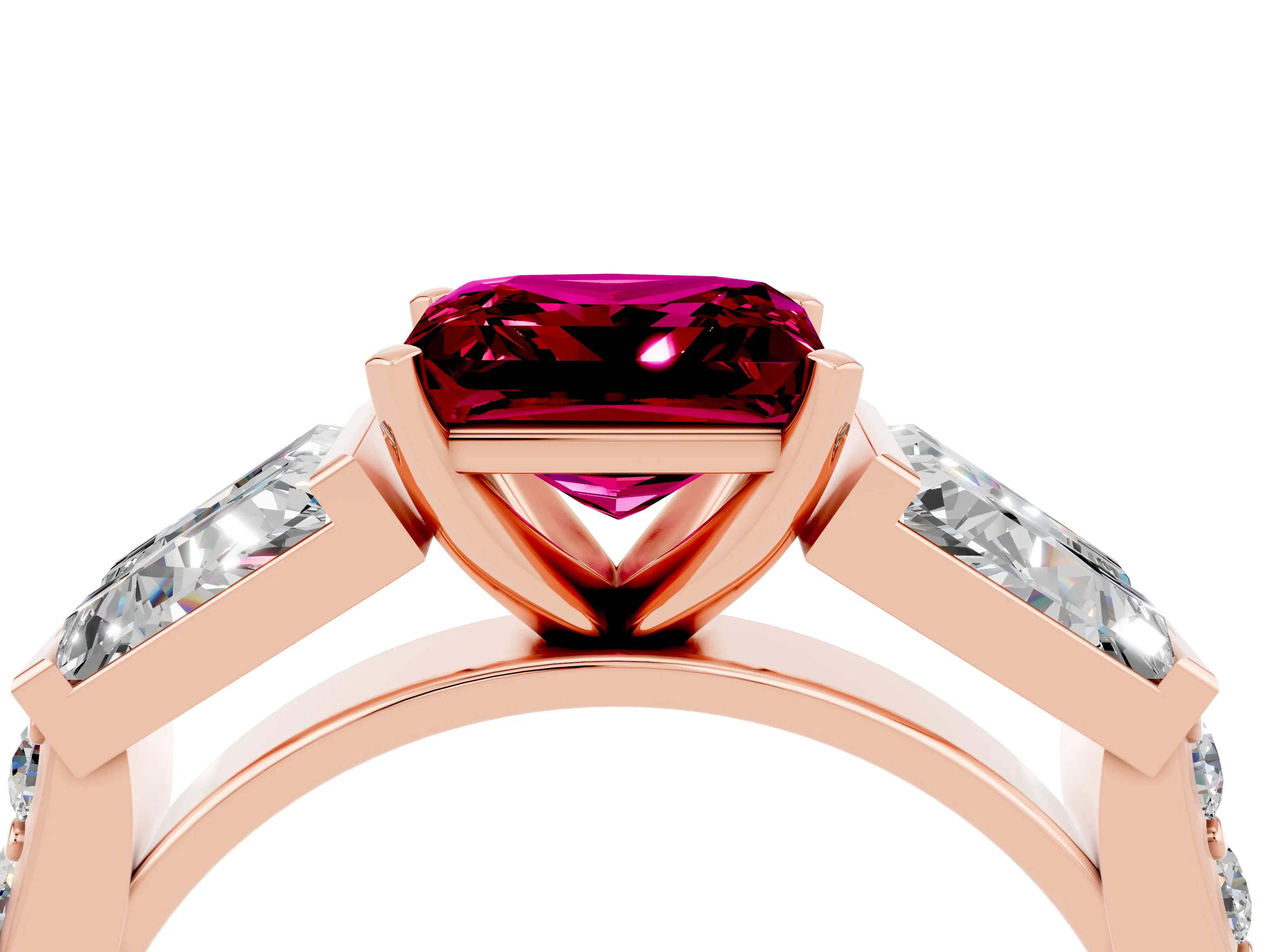 Rose gold Princess Cut Garnet Engagement Ring with Baguette Side Stones and Channel Set Band_4