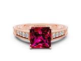 Rose gold Princess Cut Garnet Engagement Ring with Milgrain Channel Set Band and Prong Setting