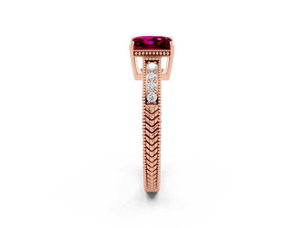 Rose gold Princess Cut Garnet Engagement Ring with Milgrain Channel Set Band and Prong Setting
